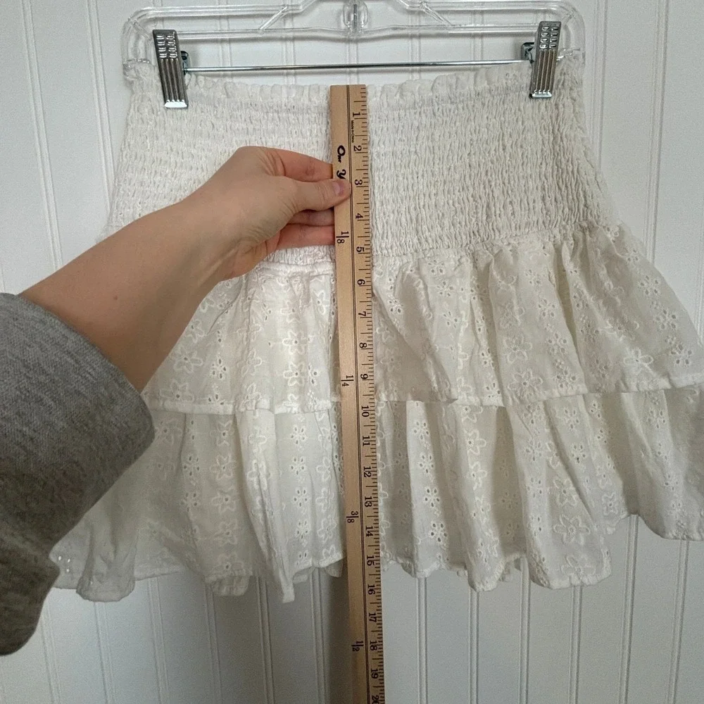 Eyelet Ruffle Mini Skirt SMALL White Cotton Smocked Boho Cottagecore Milkmaid